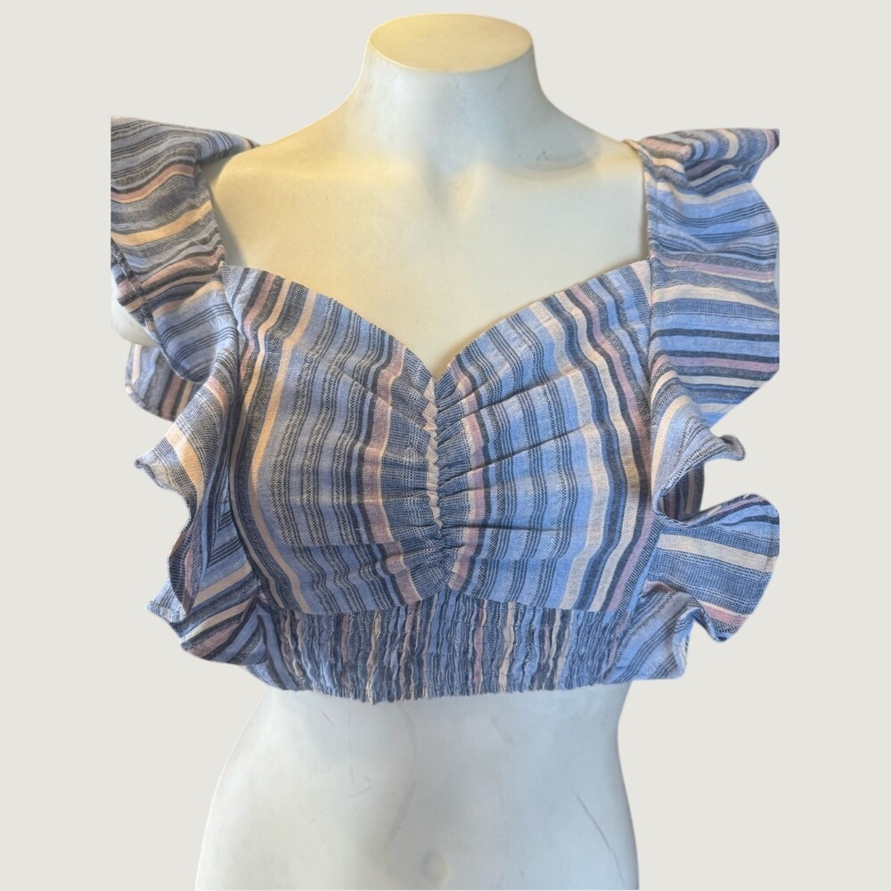 Storia 100% Cotton Stripe Ruffle Crop Top Blue Smocked Flutter Sleeve Boho